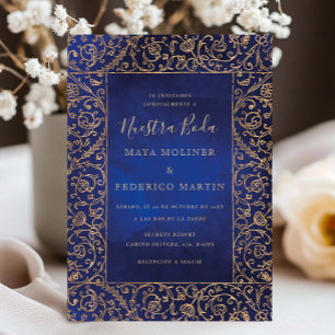 Convite Dourado Vintage e Azul Veludo Nossa Noiva Casament