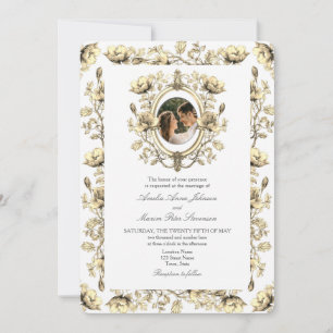 Convite Dourado Vintage Floral Foto Casamento
