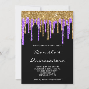 Convite Dourado Violeta Brilho Gotas Preto Quinceañera