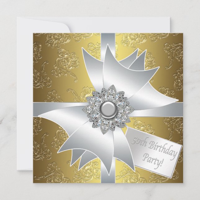 Convite Dourado White Gift Classy Damask 50th Birthday (Frente)