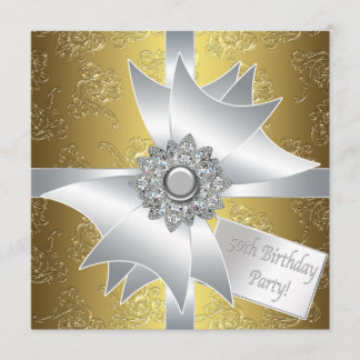 Convite Dourado White Gift Classy Damask 50th Birthday