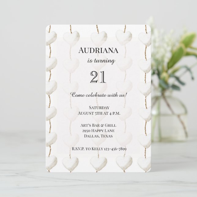 Convite Dourado White Hearts Boho Birthday (Em pé/Frente)