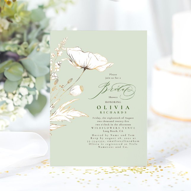 Convite Dourado Willowers Sage Green Chic Chá de panela (Wildflowers Bridal Shower Invitation Sage Green and Gold Minimalist)