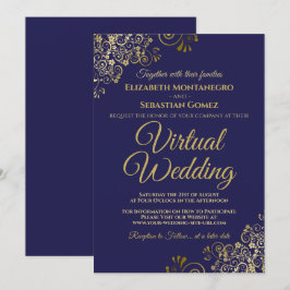 Convite Dourados amigos no casamento virtual Elegante azul