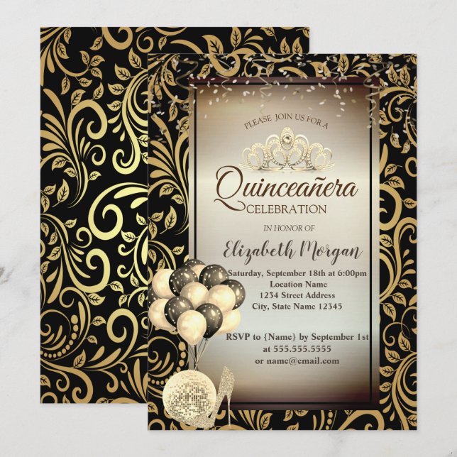 Convite Dourados, Balões, Altos Saltos, Tiara Quinceañera (Frente/Verso)
