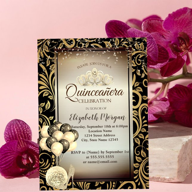 Convite Dourados, Balões, Altos Saltos, Tiara Quinceañera (Criador carregado)