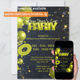 Convite Dourados Balões Negros Confetti Festa de Véspera d