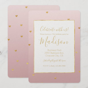 Convite Dourados corações cor-de-rosa