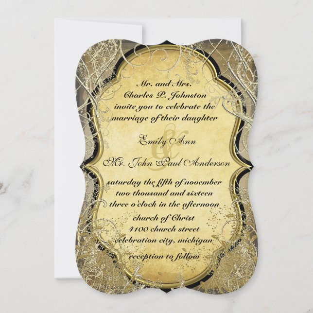 Convite Dourados picos e folhas em papel metálico Dourado  (Frente)