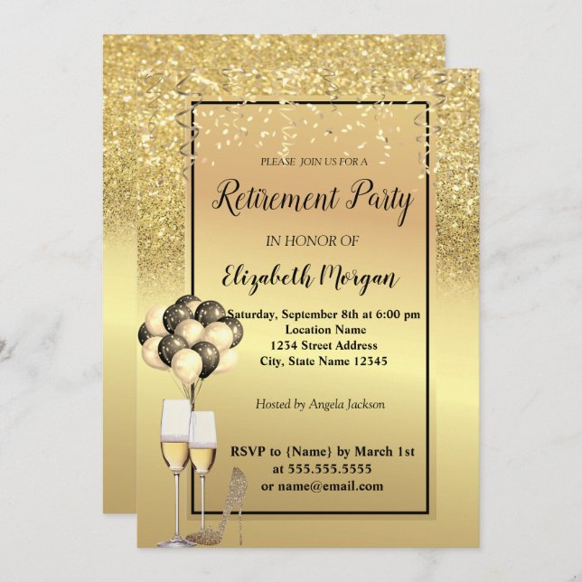 Convite Dourados saltos de brilho,Vidro,Grupo de aposentad (Frente/Verso)