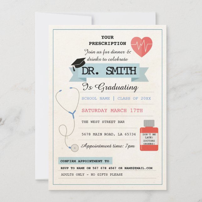 Convite Doutor Prescrição Médica Dr. Festa de formatura (Frente)