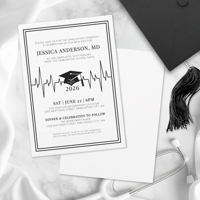 Convite Doutora Médica Elegante Graduação na Faculdade de  (Elegant Doctor Medical Nursing School Graduation Invitation)