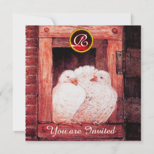 CONVITE DOVAS BRANCAS NO MONOGRAMA DE CASAMENTO GEM VERMEL