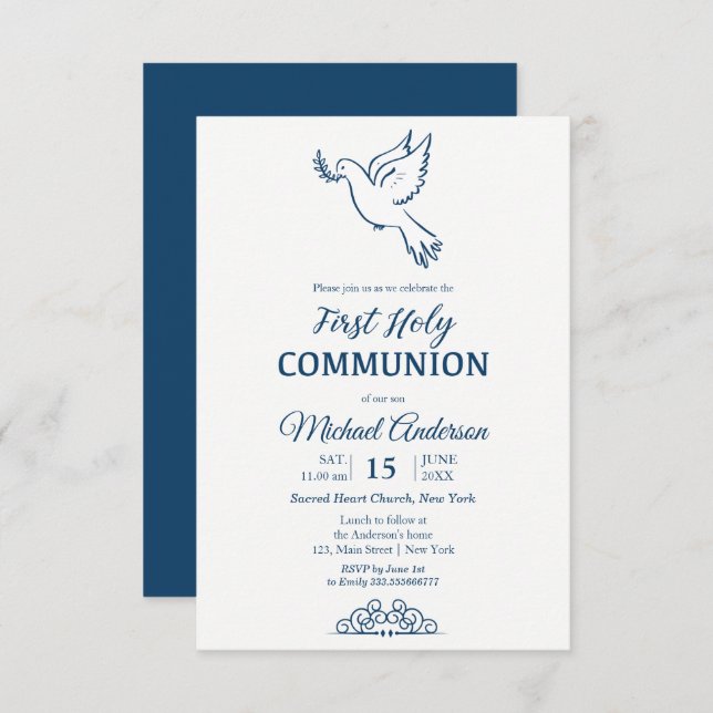 Convite Dove First Communion Blu Elegant (Frente/Verso)