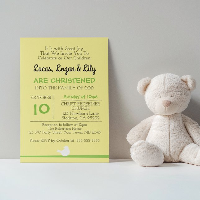 Convite Dove no Branch Yellow Christening Invitation (Criador carregado)