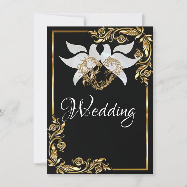 Convite Doves, Heart & Gold Frame on Black (Frente)