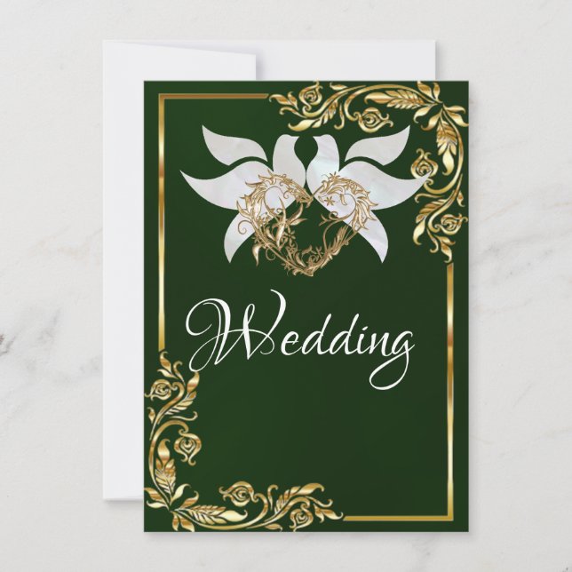 Convite Doves, Heart & Gold Frame on Emerald Green (Frente)