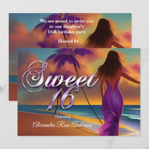 Convite Doze Anos 16º Roxa menina Praia Oceano dourado
