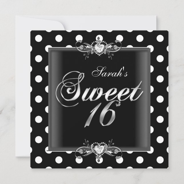 Convite Doze Anos 16 Aniversário Preto Branco Pontos (Frente)