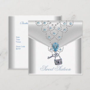 Convite Doze Anos 16 Elegante Branco Prata Azul Joia