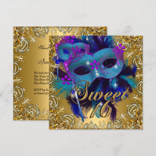 Convite Doze Anos 16 Mascarada Azul Dourado Roxo