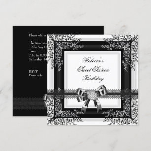 Convite Doze Anos 16 Preto Branco Renda Floral Diamante