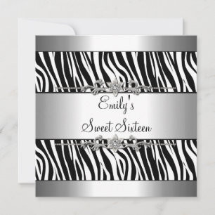 Convite Doze Anos 16 Preto Branco Zebra Prata Aniversário
