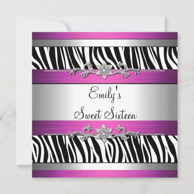Convite Doze Anos 16 Rosa Preto Branco Zebra Prata (Frente)