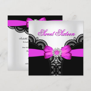 Convite Doze Anos 16 Rosa Quente Preto Branco Renda
