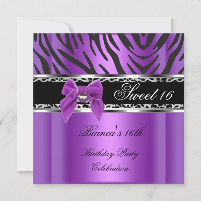 Convite Doze Anos 16 Roxo Prata Preto Zebra Leopardo (Frente)