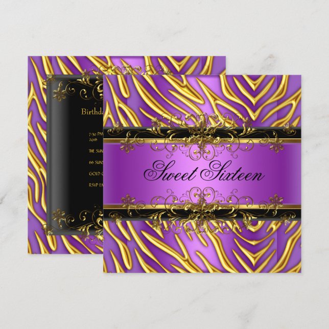 Convite Doze Anos 16 Zebra Roxo Dourado Preto (Frente/Verso)