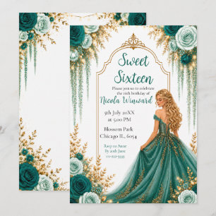 Convite Doze Anos com Flores Verde Teal Profundo e Dourado