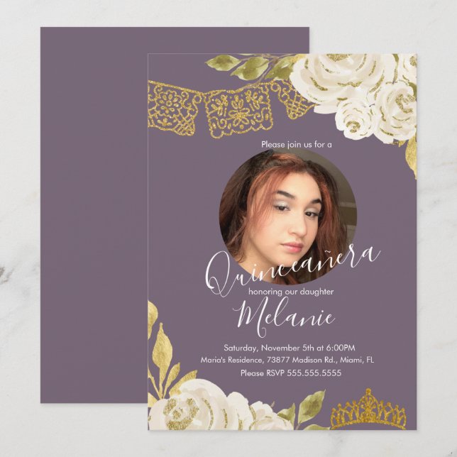 Convite Doze Anos de Glitter Marfim Flores Falsas Foto  (Frente/Verso)
