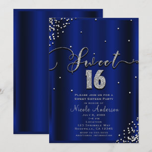 Convite DOZE ANOS Dezesseis Azul Royal Confetes de Prata C