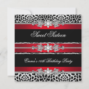 Convite Doze Anos Dezesseis Leopardo Vermelho Preto Diaman