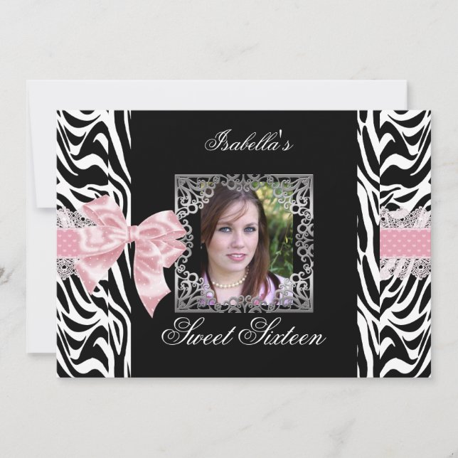 Convite Doze Anos Dezesseis Rosa Preto Branco Zebra (Frente)