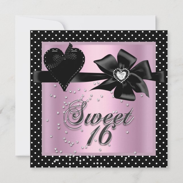 Convite Doze Anos Doce 16 Rosa Preto Bolinha (Frente)