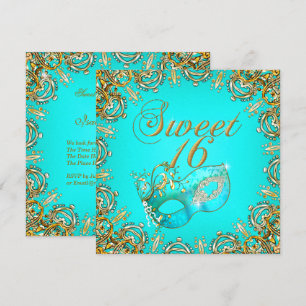 Convite Doze Anos Doce Anos Máscara Dourado Azul Turquesa