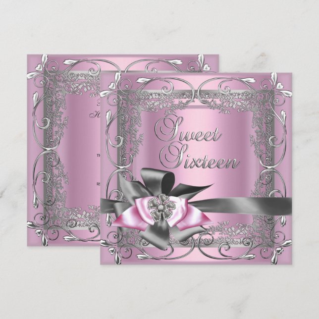 Convite Doze Anos Doce Anos Rosa Claro Cinza Prata Laço (Frente/Verso)