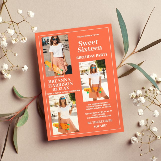 Convite Doze Anos Doce Laranja Branco Foto Simples Moderno (Modern Simple Orange White Photo Sweet Sixteen )