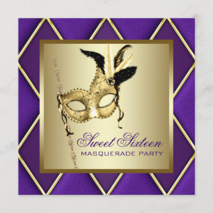Convite Doze Anos Dourado Festa de Máscaras Roxa