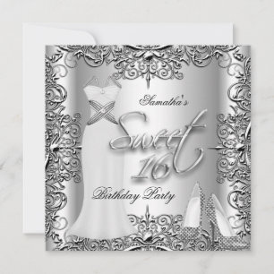 Convite Doze Anos Elegantes Festa Sweet 16 Prata Branco