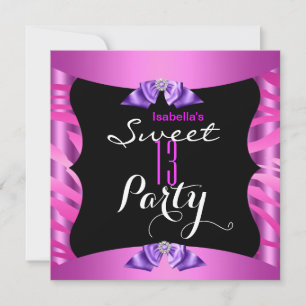 Convite Doze Anos Fofos Roxo Rosa Zebra Preto Aniversário