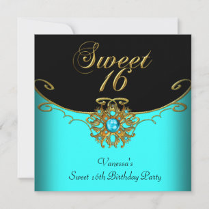 Convite Doze Anos Lindos Azul Turquesa Dourado Preto Sweet