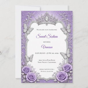 Convite Doze Anos Princesa Floral Prata Roxo