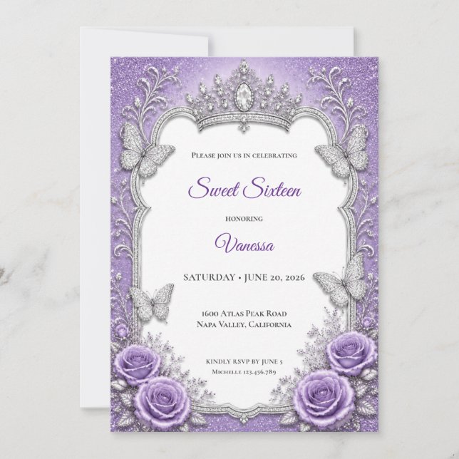 Convite Doze Anos Princesa Floral Prata Roxo (Frente)