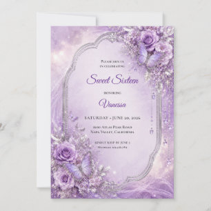 Convite Doze Anos Princesa Floral Prata Roxo