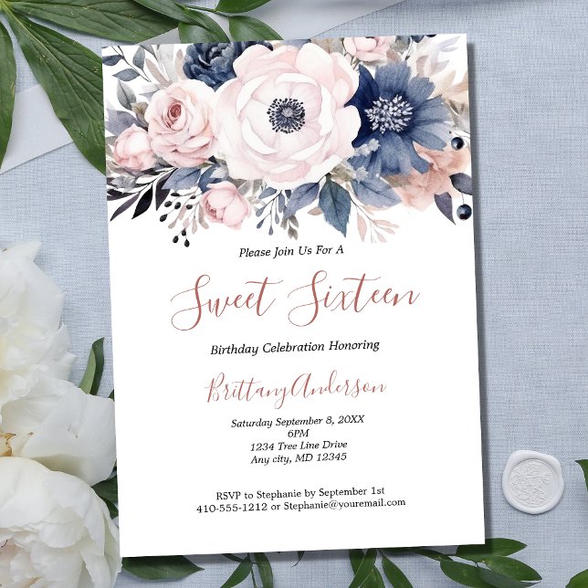 Convite Doze Anos Rosa Branco Azul Floral Aniversário (Pink White Navy blue Floral Sweet Sixteen Birthday Invitation.)