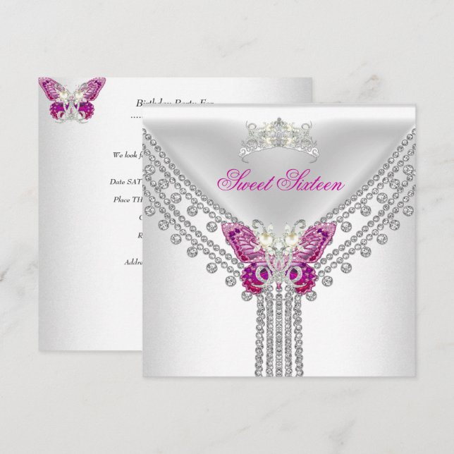 Convite Doze Anos Rose Butterfly Branco (Frente/Verso)