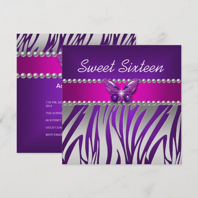 Convite Doze Anos Roxo Rosa Zebra Prata Borboleta (Frente/Verso)